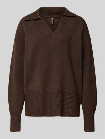 PIECES Sweter z dzianiny o kroju regular fit z dodatkiem wełny, model „MALOU” Ciemnobrązowy 2