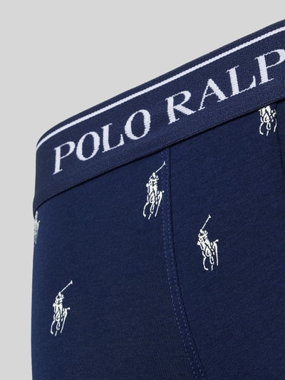 Produktfoto, dunkelblaue Trunks aus Baumwoll-Mix im 3er-Pack von Polo Ralph Lauren mit weißem Logo-Print, glatte Struktur, Polo Ralph Lauren Underwear