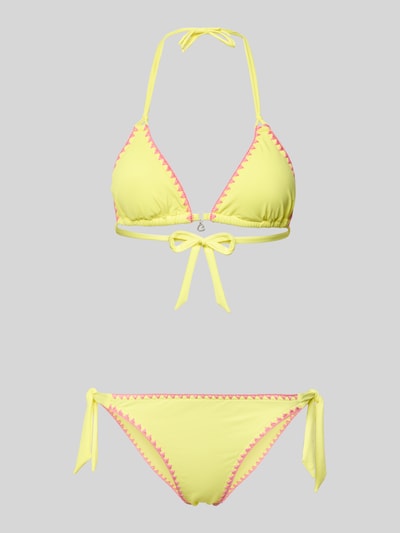 Produktfoto, Bikini mit Stitchings und Schnürung von Banana Moon, żółty z różowymi przeszyciami, materiał z domieszką stretchu, dopasowany krój, aplikacja i boczne wiązanie, branding.