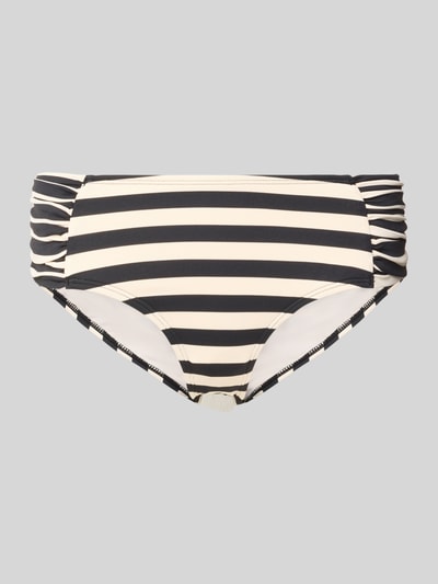 Produktfoto, Mid Waist Bikini-Slip mit Label-Detail Modell 'Yadbor' von Barts, Material-Mix mit Stretch-Anteil, seitliche Raffungen, schwarz-weiß gestreift.
