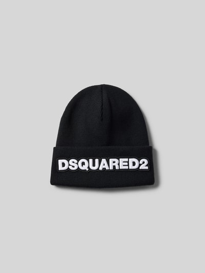 Produktfoto, schwarze Beanie mit breiter Krempe und weißem Label-Detail von Dsquared2 aus reiner Lanawolle auf grauem Hintergrund.