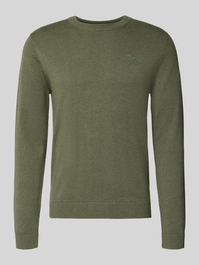 Produktfoto, Regular Fit Strickpullover aus reiner Baumwolle von Tom Tailor in olivgrüner Melange, unifarben, Logo-Detail, Rundhals, Rippbündchen
