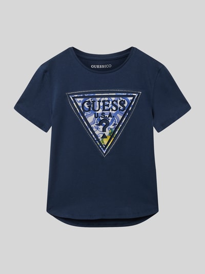 Productfoto, T-Shirt met strasssteendecoratie en logo-print van Guess, donkerblauwe katoenmix met stretch, ronde hals, verlengde achterkant