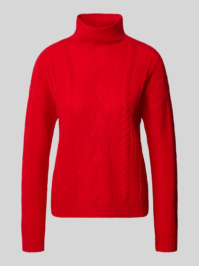Produktfoto, pullover van kasjmier met kabelpatroon van Christian Berg Woman in felrood met ribboorden, recht model, opstaande kraag, ruglengte maat S 57 cm, mouwlengte maat S 64 cm, voor dames, kasjmier