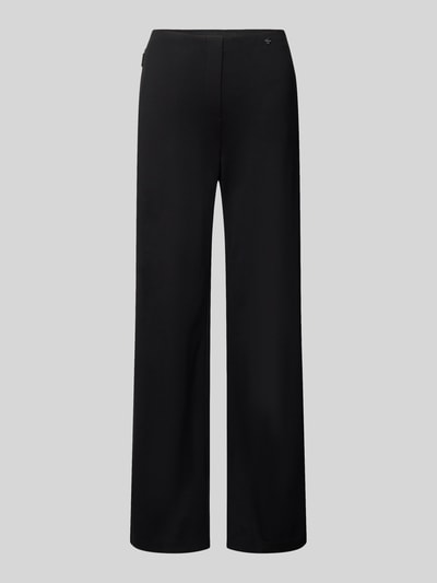 Produktfoto, Stoffhose mit elastischem Bund von Marc Cain in Schwarz, lockerer Schnitt, Reißverschlusstaschen, glatte Textur, Viskose-Mix mit Stretch-Anteil, Vorderansicht.