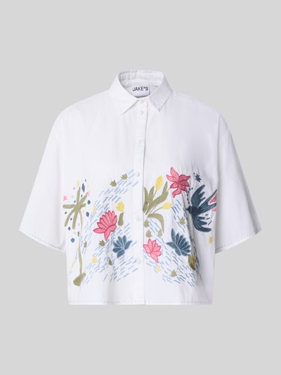 Produktfoto, Relaxed Fit Hemdbluse mit floralem Stitching von Jake*s Casual aus puur katoen, wit met meerkleurig bloemenmotief, overhemdkraag, halflange mouwen, ruglengte maat 36: 51 cm, mouwlengte maat 36: 27 cm