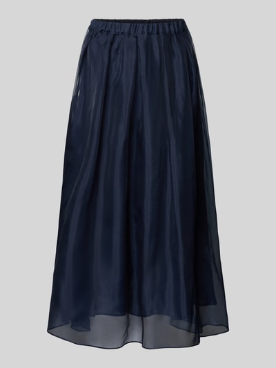 Produktfoto, Ausgestellt Maxi-Rock aus reiner Seide Modell 'VISINO' von Weekend Max Mara, Optik: Unifarben, Semitransparent, Maxi-Länge, Bundabschluss: Elastisch, Unterrock, Material: reine Seide, Farbton dunkles Blau, seidige glatte Textur, leicht schimmernd.