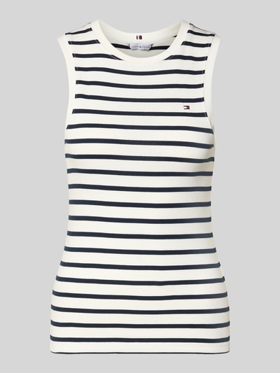 Productfoto, Slim Fit Tank Top uit puur katoen model 'SLIM CODY' van Tommy Hilfiger, effen look, allover-streep motief, logo-stitching, ronde hals, brede bandjes, katoen, zwart-wit gestreept, gladde textuur.