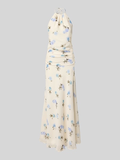 Produktfoto, Maxikleid mit Neckholder Modell 'Gabina' van Neo Noir uit chiffon met blauw bloemenpatroon, nauwsluitend, met plooien, onderjurk
