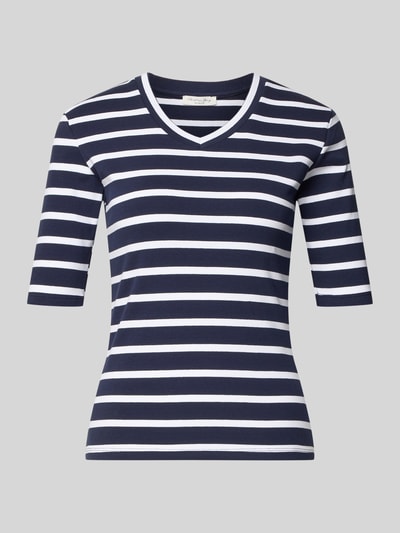 Produktfoto, T-shirt mit Streifenmuster und V-Ausschnitt von Christian Berg Woman, mieszanka bawełny i elastanu, krój regular fit, wzór w paski, dekolt w serek, długość tyłu w rozmiarze S: 55 cm.