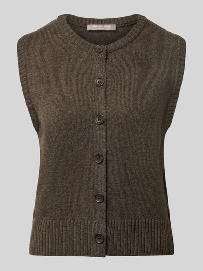 Produktfoto, Regular Fit Strickweste aus Woll-Mix von Christian Berg in Dunkelbraun, gerippte Abschlüsse, Knopfleiste, ärmellos, Damen Strickweste, Rückenlänge 45 cm bei Größe S.