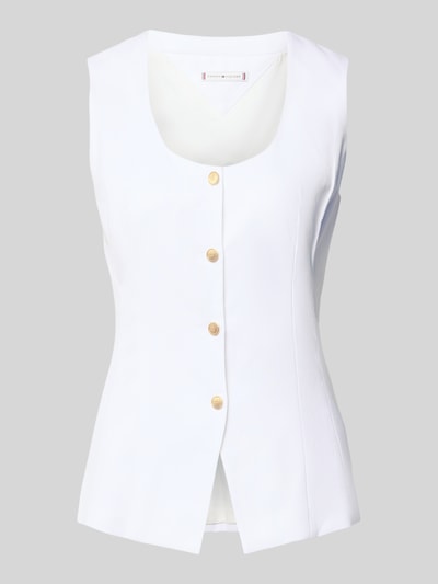 Produktfoto, Slim Fit Weste aus Leinen-Mix von Tommy Hilfiger in unifarbenem Weiß mit goldfarbenen Knöpfen, strukturierte Oberfläche