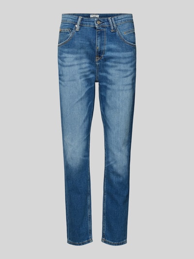 Produktfoto, Slim Fit Jeans mit Stretch-Anteil Modell 'Freja' von MARC O’POLO aus Bio-Baumwolle und Elasthan im Used-Look, 5-Pocket-Design, blaue Farbe, sichtbarer Knopf-Reißverschluss, Label-Patch, Mid Rise, Bundweite 78 cm, Innenbeinlänge 69 cm bei Größe 27/32