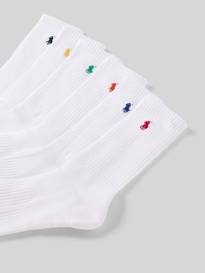 Produktfoto, weiße Socken aus Baumwoll-Mix im 6er-Pack von Polo Ralph Lauren Underwear, mehrfarbige Logo-Stickereien, Strukturmuster