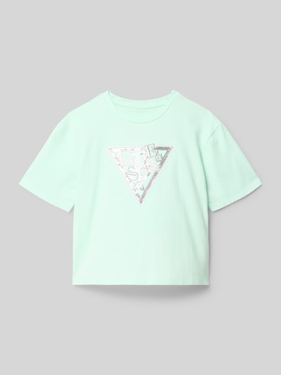 Productfoto, Regular Fit T-shirt met logo-stitching van guess, mintgroen, katoenmix, ronde hals, met pailletten, ruglengte maat 128: 48 cm
