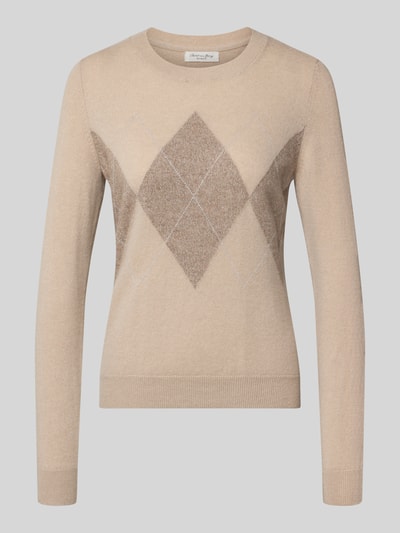 Produktfoto, Slim Fit Strickpullover aus Kaschmir-Mix mit Rundhalsausschnitt von Christian Berg Woman, beżowy, wzór w romby, prążkowane wykończenia, imitacja dzianiny, krój z długim rękawem, Mieszanka kaszmiru, długość tyłu w rozmiarze S: 54 cm, długość rękawów w rozmiarze S: 63 cm