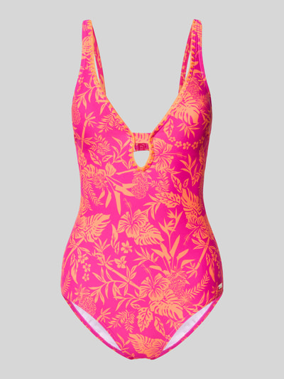 Produktfoto, Slim Fit Badeanzug mit Schlüssellochausschnitt Modell 'Kensi' von VENICE BEACH, Elastischer-Material-Mix, floraler Allover-Print, leuchtendes Pink-Orange, verstellbare Schulterriemen, Cut-Out auf der Rückseite