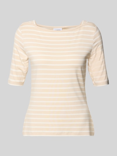 Produktfoto, T-Shirt mit U-Boot-Ausschnitt von Comma, Damen T-Shirt, Viskose-Elasthan-Mix, Slim-Fit, 1/2-Ärmel, cremefarbene Streifenoptik