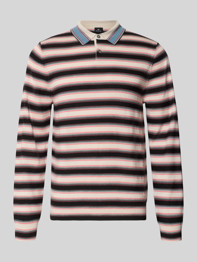 Produktfoto, Poloshirt aus reiner Wolle von Paul Smith mit Langarm, Streifenmuster in Creme, Schwarz, Rosa und Blau, Regular Fit, Vorderansicht, Rückenlänge bei Größe M 63 cm