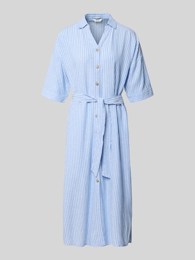 Produktfoto, Relaxed Fit Midikleid aus Leinen-Mix Modell 'Falakka' von B.Young mit feinen blauen und weißen Streifen, Umlegekragen, Halbarm, durchgehende Knopfleiste, Bindegürtel, leichte Textur, knielang, Damen Midikleid mit Viskose-Anteil.