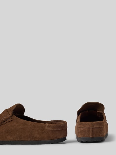 Produktfoto, Slides aus Leder mit profilierter Sohle Modell 'Naples Wrapped' von Birkenstock in Braun, beschichtetes Leder, abgerundete Form, Absatzhöhe 4 cm, Damenmodell
