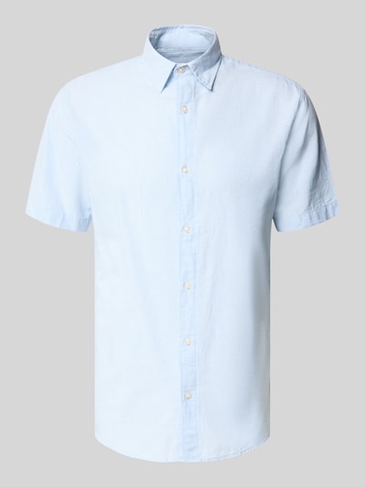 Produktfoto, Regular Fit Freizeithemd aus Baumwoll-Leinen-Mix von Jack & Jones, model BREEZE, jasnoniebieski, kent, z krótkim rękawem, krój regular fit, długość tyłu w rozmiarze M 76 cm, szerokość w rozmiarze M 50 cm, długość rękawa w rozmiarze M 26 cm