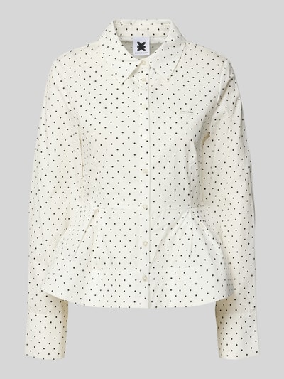 Produktfoto, Taillierte Bluse im Allover-Look mit Label-Detail van Karo Kauer, puur katoen, getailleerd model, overhemdkraag, all-over look, labeldetail, ruglengte maat S 57 cm, mouwlengte maat S 66 cm.