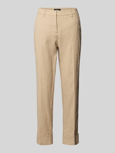 Produktfoto, Leinenhose mit Baumwoll-Anteil von Cambio, mieszanka lnu i bawełny, krój straight fit, skrócona długość, szlufki na pasek, zapięcie na guzik i zamek błyskawiczny, wpuszczane i tylne kieszenie, mankiety na nogawkach, szerokość w rozmiarze 36: 42 cm, długość wewnętrzna nogawki 69 cm, beżowy kolor, gładka struktura