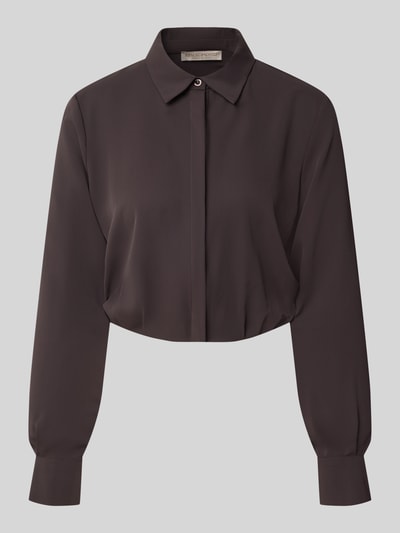 Productfoto, Blusenshirt met umlegekragen van Rinascimento in donkerbruin met rechte pasvorm, lange mouwen, knoopsluiting, manchet, gladde textuur, ruglengte 47 cm, mouwlengte 59 cm