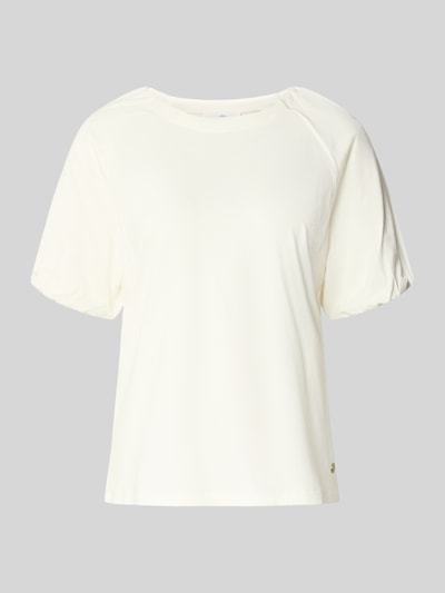 Productfoto, Regular Fit T-shirt met viscose model 'Ruffel' van Fynch-Hatton in crème, mix van katoen en viscose, ronde hals, logo, ruglengte maat S 57 cm