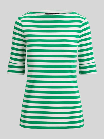 Productfoto, Slim Fit T-Shirt uit katoenmix van Lauren Ralph Lauren, groen-wit gestreept jersey, logo-stiksel, boothals, half mouw.