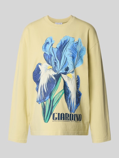 Productfoto, Longsleeve met motiefprint en ronde hals van Topshop, dames shirt met lange mouwen in puur katoen, relaxed fit, ruglengte maat S 63 cm, pastelgeel met grote blauwe bloemprint, zachte textuur