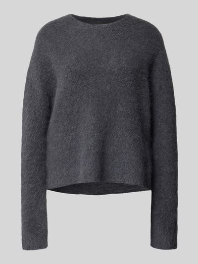 Produktfoto, Wollpullover aus Alpaka-Woll-Mix von Juvia in Dunkelgrau, lockere Passform, Strick-Optik, elastisch, Rundhalsausschnitt.