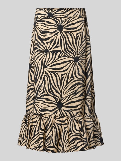 Produktfoto, Midirock aus Viskose-Mix mit floralem Allover-Print von Christian Berg Woman, beige-schwarz, leichte A-Linie, Volant-Saum.