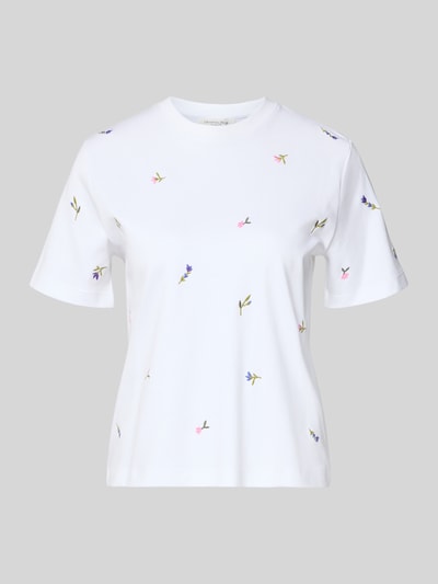 Produktfoto, T-Shirt mit Blumenstickerei von Christian Berg Woman, biała bawełna, prosty krój, haftowane kwiaty, półrękaw, okrągły dekolt