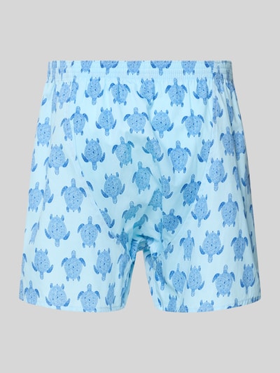 Produktfoto, Boxershorts aus reiner Baumwolle Modell 'Schildkröte' von Deal, hellblau mit blauem Schildkrötenmuster, elastischer Bund, lockere Passform, Label-Patch, glatte Textur