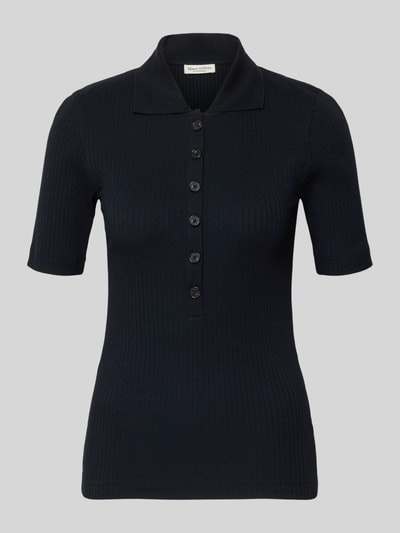 Produktfoto, Slim Fit Poloshirt aus Baumwoll-Modal-Mix von Marc O'Polo, effen donkerblauw, ribstructuur, korte knoopsluiting, polokraag, korte mouwen.