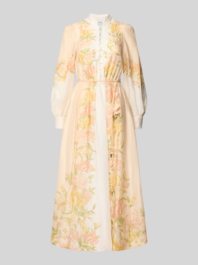 Produktfoto, Midikleid aus Lyocell-Mix mit Bindegürtel von Forever New, A-Linie, Stehkragen, Knopfleiste, florales Muster, Pastellfarben, Damen, Lyocell-Mix mit Leinen-Anteil, Rückenlänge 128 cm, Brustweite 36 cm, Ärmellänge 64 cm, Größe 36