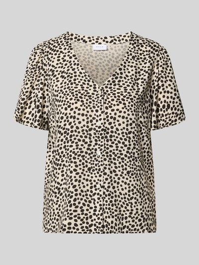 Produktfoto, Bluse mit V-Ausschnitt Modell 'GRACE' von Vila, beige mit schwarzen Punkten, Knopfleiste, kurzer Arm, gerade geschnitten
