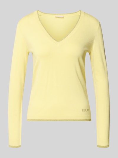 Produktfoto, Slim Fit Longsleeve aus Viskose-Mix mit V-Ausschnitt von Liu Jo White in Hellgelb, elastische Abschlüsse, Logo-Detail, glatte Oberfläche