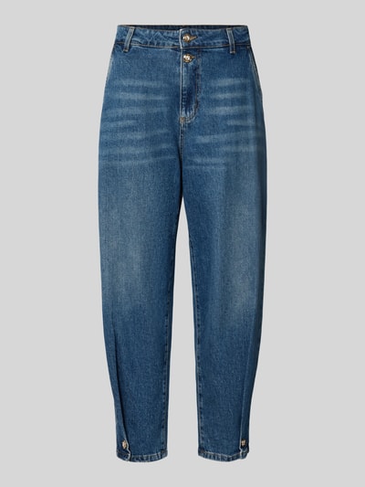 Produktfoto, Regular Fit Jeans aus Baumwoll-Mix mit Ziersteinbesatz von Liu Jo White, mittleres Blau, verkürzte Passform, silberne Details, sichtbare Eingriff- und Gesäßtaschen, Textur leicht elastisch, Knopf- und Reißverschluss, Frontansicht, Damen Jeans
