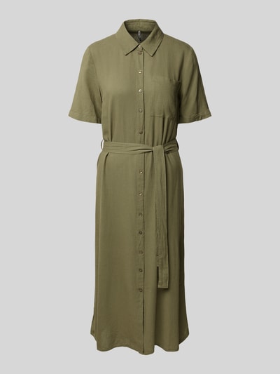Produktfoto, Figurumschmeichelndes Freizeitkleid aus Viskose-Leinen-Mix von Pieces, jednolity kolor, krój swobodny, długość midi, dekolt w serek, zapięcie na guziki, krótki rękaw, kieszonka na piersi, tkanina flammgarn, struktura lekko ziarnista