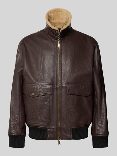 Produktfoto, Relaxed Fit Lederjacke mit Lammfellkragen Modell 'Lorano' von HUGO aus dunkelbraunem Nappaleder, goldener Reißverschluss, gerippte Bündchen, unifarbene Optik, strukturierte Leder-Textur