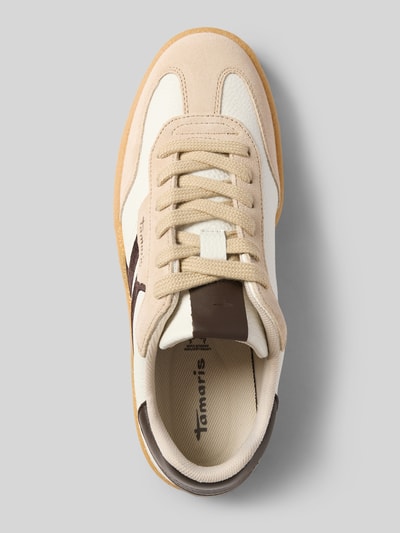 Produktfoto, Sneaker aus echtem Leder von Tamaris für Damen, Beige- und Brauntöne, glatte und raue Texturen, weiße und braune Details