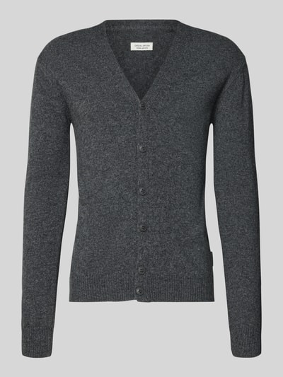 Produktfoto, dunkelgraue Strickjacke mit Knopfleiste Modell 'KARL' von Casual Friday aus Baumwoll-Mix, gerippte Abschlüsse, Slim Fit, V-Ausschnitt