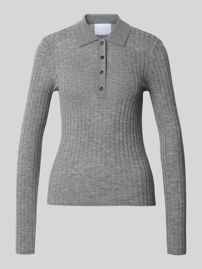 Produktfoto, Henley-Shirt aus Wolle von Style Icon Collection, grijs, riblook, met lange mouwen, polokraag, tricotlook, skinny fit, puur katoen