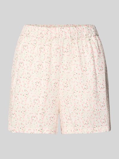 Produktfoto, Regular Fit Shorts aus reiner Viskose Modell 'BARRI' von Pieces mit Optik:Allover-Muster, florale Muster, zarte Textur, Bundabschluss: elastisch, seitliche Eingrifftaschen, Material: reine Viskose, helle Grundfarbe mit kleinen rosa und grünen Details.