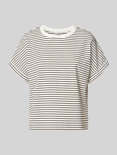Produktfoto, T-shirt met ronde hals model 'Sotel' van OPUS, dames, mix van katoen en elastaan, relaxed fit, omslag aan de mouwen, ruglengte maat S 55 cm, witte stof met fijne zwarte strepen, glad textuur