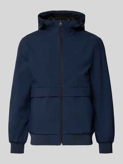 Produktfoto, Regular Fit Funktionsjacke mit Kapuze von Tom Tailor Denim in Dunkelblau, unifarben, Stehkragen, elastische Abschlüsse, wasserdicht, atmungsaktiv, Label Stitching, Wärmeisolierung