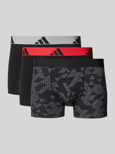 Produktfoto, Trunks im 3er-Pack aus Baumwoll-Mix von adidas Sportswear in Schwarz und Grau, unifarben und gemustert, Logo-Print am elastischen Bund, Jersey-Material